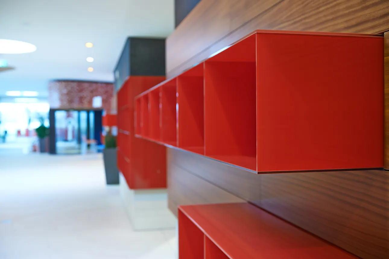 Red glass shelf storage system